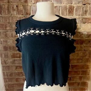 Grunge Cut-Out Black Ruffle Trim Cropped Women's Top -Size S -TP35